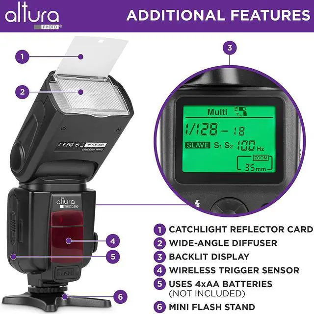 Alt view image 3 of 6 - Photo Camera Flash with LCD Display for DSLR & Mirrorless Cameras - External Speedlite Featuring a Standard Hot Shoe, Universal Speedlight for Canon, Sony, Nikon, Panasonic and More