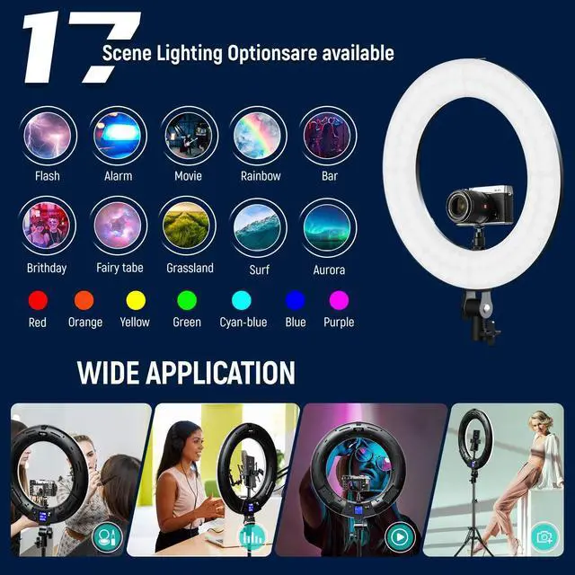 Alt view image 6 of 7 - 18 inch RGB Ring Light, App Control RGB Light Ring with Stand and Phone Holder/Remoter/Ipad Holder, Dimmable 2500K8500K CRI 95+ LED Circle Selfie Light for TikTok Selfie Liver Stream Makeup