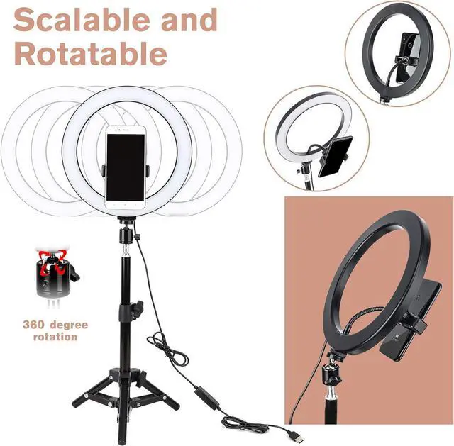 Alt view image 5 of 7 - 10 LED Selfie Ring Light with Tripod Stand & Cell Phone Holder for Tiktok/Live Stream/Makeup Dimmable Desktop Camera Ringlight for YouTube Video/Photography Compatible with iPhone/Android