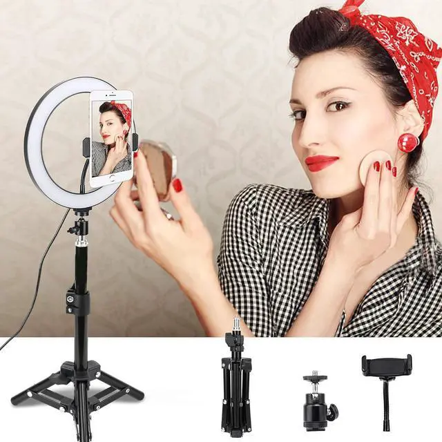 Alt view image 7 of 7 - 10 LED Selfie Ring Light with Tripod Stand & Cell Phone Holder for Tiktok/Live Stream/Makeup Dimmable Desktop Camera Ringlight for YouTube Video/Photography Compatible with iPhone/Android