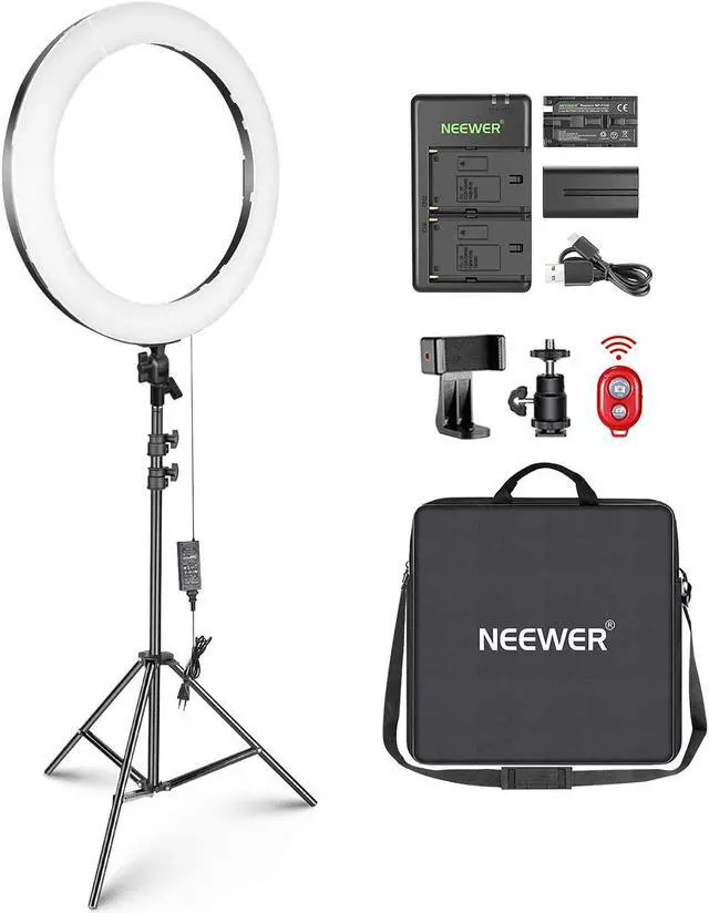 Main image of 20-inch LED Ring Light Kit for Makeup YouTube Video Blogger Salon - Adjustable Color Temperature with Battery or DC Power Option, Battery, Charger, AC Adapter, Phone Clamp and Stand Included