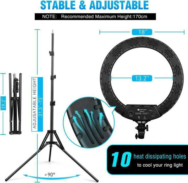 Alt view image 3 of 7 - Ring Light 18 Inch LED Ringlight Kit with 73 inch Tripod Stand with Phone Holder Adjustable 3200-6000k Color Temperature Circle MUA Lighting for Camera for Vlog, Makeup,Youtobe, Video Shooting, Selfie