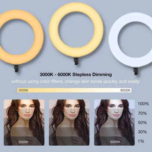 Alt view image 2 of 7 - Ring Light - 18 inch 60 W Dimmable LED Ring Light Kit with Stand - Adjustable 3000-6000 K Color Temperature Lighting for Vlog, Makeup, YouTube, Camera, Photo, Video - Control with Remote