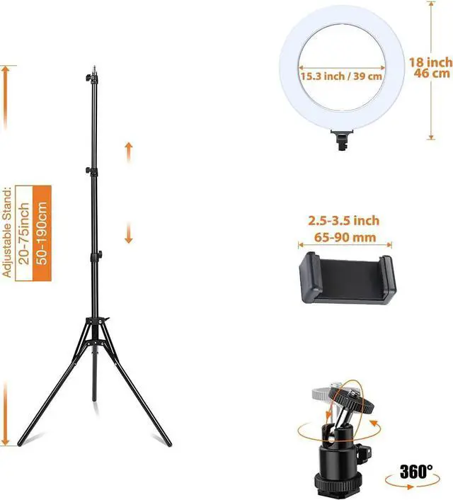 Alt view image 6 of 7 - Ring Light - 18 inch 60 W Dimmable LED Ring Light Kit with Stand - Adjustable 3000-6000 K Color Temperature Lighting for Vlog, Makeup, YouTube, Camera, Photo, Video - Control with Remote