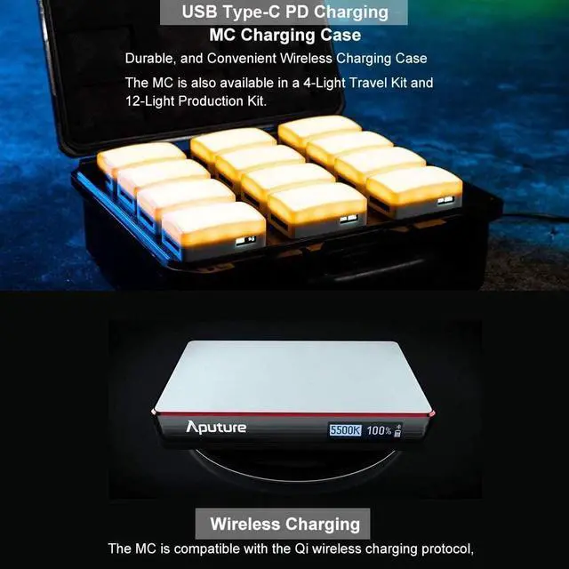 Alt view image 7 of 7 - Aputure MC RGBWW On Camera Video Light | CRI/TLCI 96+, Temperature 3200K-6500K, HSI Mode,Support Magnetic Attraction and App with USB-C PD and Wireless Charging