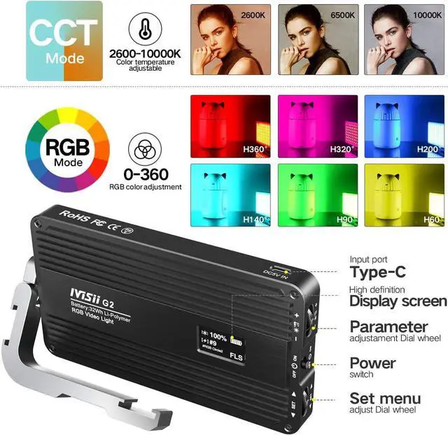 Alt view image 5 of 6 - G2 RGB Portable On Camera Light, Built-in 4300mAh Lithium Battery Video Conference Lighting, 2600-10000K 12W Full Color LED Light Panel for Photography, Studio, Wedding Shooting