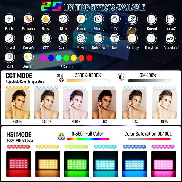 Alt view image 2 of 7 - Weeylite RB9 RGB Camera Video Light, App Control 12W LED On Camera Light with Tripod, 2500-8500K 360° Full Color CRI 95+ RGB Video Light Panel for Portable Photography Lighting Video Recording TikTok