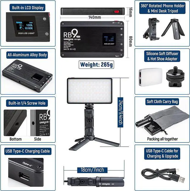 Alt view image 4 of 7 - Weeylite RB9 RGB Camera Video Light, App Control 12W LED On Camera Light with Tripod, 2500-8500K 360° Full Color CRI 95+ RGB Video Light Panel for Portable Photography Lighting Video Recording TikTok