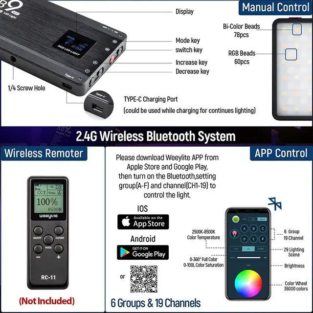 Alt view image 5 of 7 - Weeylite RB9 RGB Camera Video Light, App Control 12W LED On Camera Light with Tripod, 2500-8500K 360° Full Color CRI 95+ RGB Video Light Panel for Portable Photography Lighting Video Recording TikTok