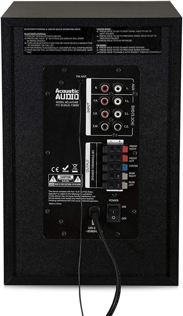 Alt view image 5 of 7 - Acoustic Audio by Goldwood Bluetooth 5.1 Surround Sound System with LED Light Display, FM Tuner, USB and SD Card Inputs - 6-Piece Home Theater Speaker Set, includes Remote Control - AA5400 Black
