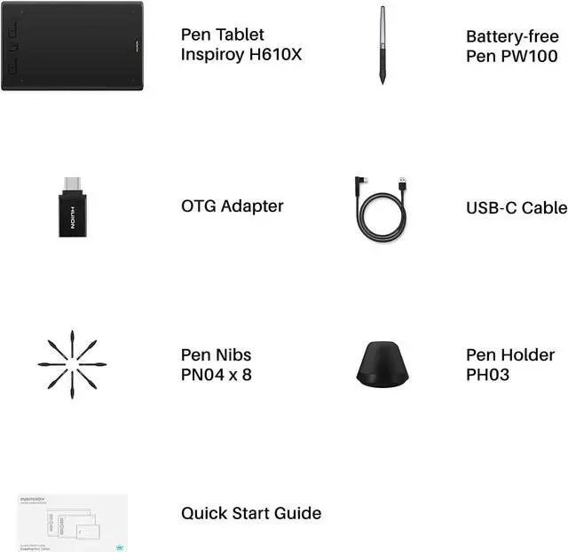 Alt view image 7 of 7 - Drawing Tablet HUION Inspiroy H610X 10x6 inch Large Graphics Tablet with Battery-Free Stylus for Digital Art & Graphic Design, Compatible with Mac, Windows PC, Linux & Android
