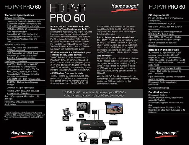 Alt view image 7 of 7 - HAUPPAUGE HD PVR Pro 60 HD 4K in/Out 1080P 60fps Capture and Streaming PC Connected and Stand Alone for Zoom Skype YouTube Live and Twitch 1684