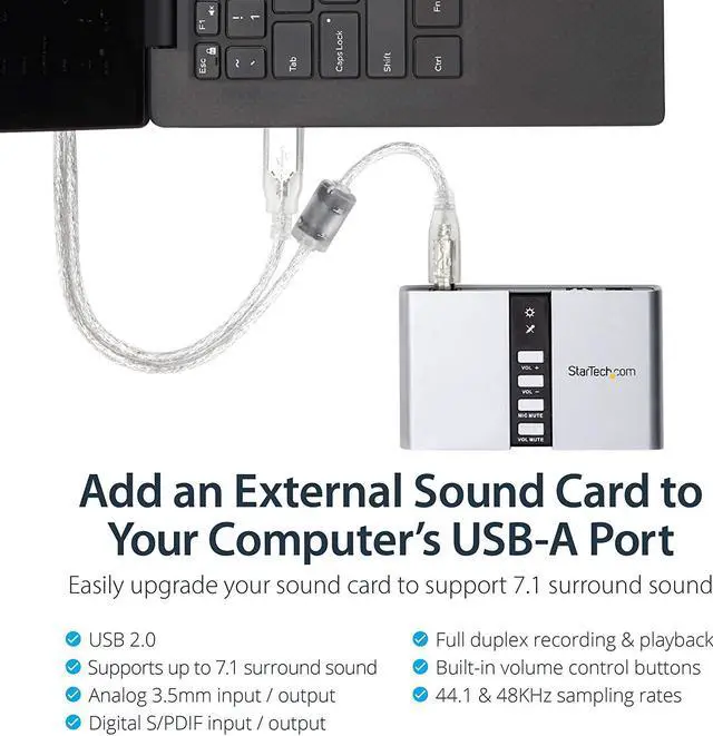 Alt view image 2 of 7 - com 7.1 USB Sound Card - External Sound Card for Laptop with SPDIF Digital Audio - Sound Card for PC - Silver (ICUSBAUDIO7D)