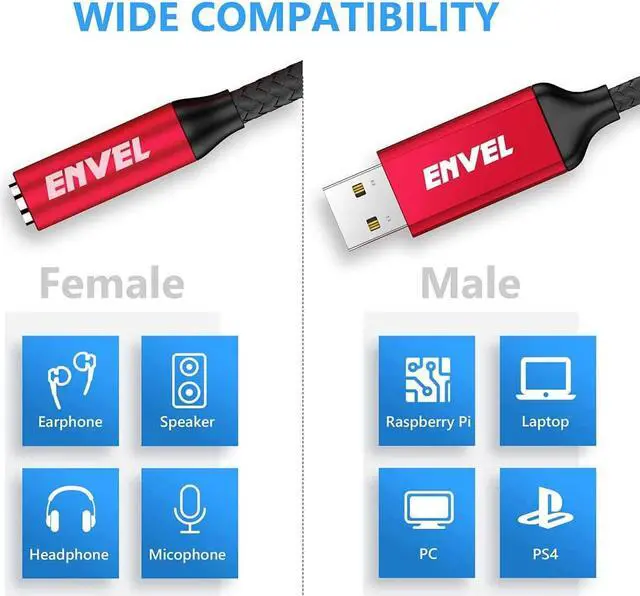 Alt view image 2 of 7 - ENVEL Headset Adapter 3.5mm Female to USB Male, Built-in Chip External Stereo Sound Card,TRRS 4-Pole Mic-Supported USB to Headphone Adapter for PS4 Laptop PC and More (Senior Red)