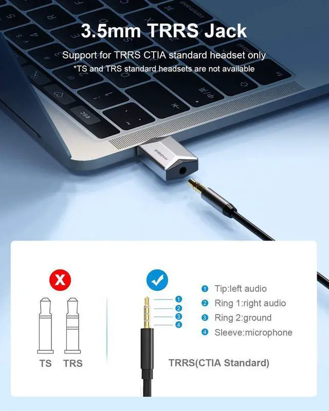 Alt view image 6 of 7 - Hagibis USB External Sound Card Adapter Alloy 2 in 1 USB to 3.5mm AUX TRRS Headphone and Microphone Jack Audio Adapter Mic Stereo Sound Card for Windows, Mac, PC, Laptops, Desktops, PS4, PS5 (Grey)