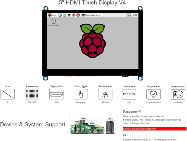 Alt view image 5 of 7 - TOP1 5 inch Capacitive Touch Screen LCD (H) Rev4.1 for Raspberry Pi Windows 11/10/8.1/8/7 800480 Pixels HDMI-compatibled 5 inches TFT Display USB Touch Port, 5inch HDMI LCD (H) V4