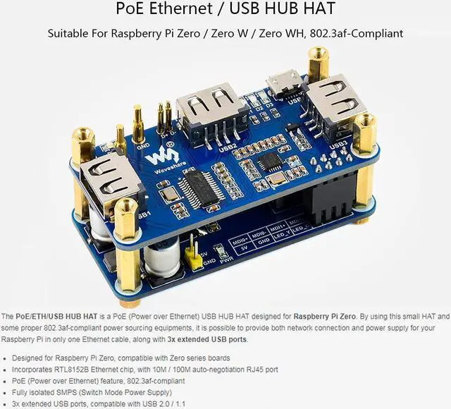 Alt view image 2 of 7 - Power Over Ethernet PoE Ethernet/USB HUB HAT Expansion Board for Raspberry Pi Zero/Zero W/Zero WH,with 3X USB 2.0 Ports, Ethernet Port, Support IEEE 802.3af-Compliant PoE Network Standard
