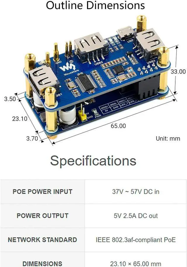 Alt view image 3 of 7 - Power Over Ethernet PoE Ethernet/USB HUB HAT Expansion Board for Raspberry Pi Zero/Zero W/Zero WH,with 3X USB 2.0 Ports, Ethernet Port, Support IEEE 802.3af-Compliant PoE Network Standard