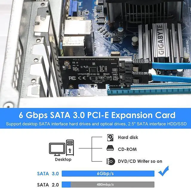 Alt view image 3 of 7 - PCIe SATA Card 2 Ports, PCI-E to SATA Expansion Card,6Gbps PCI-E (2X 4X 8X 16X) SATA 3.0 Controller Card for Windows10/8/7/XP/Vista/Linux,Support SSD and HDD