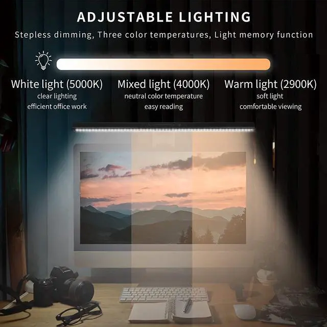 Alt view image 2 of 7 - Houcopa Computer Monitor Light Bar, Screen Light Bar e-Reading LED Task Lamp, Gaming Lights, Touch Stepless Dimming, 3 Color Temperature,USB Powered Monitor Lamps for Desk/Office/Home