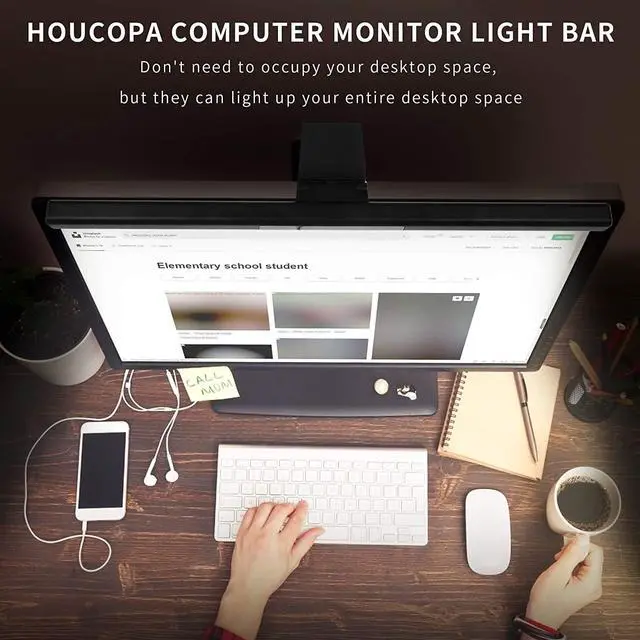 Alt view image 5 of 7 - Houcopa Computer Monitor Light Bar, Screen Light Bar e-Reading LED Task Lamp, Gaming Lights, Touch Stepless Dimming, 3 Color Temperature,USB Powered Monitor Lamps for Desk/Office/Home
