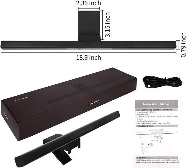 Alt view image 7 of 7 - Houcopa Computer Monitor Light Bar, Screen Light Bar e-Reading LED Task Lamp, Gaming Lights, Touch Stepless Dimming, 3 Color Temperature,USB Powered Monitor Lamps for Desk/Office/Home