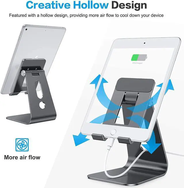 Alt view image 5 of 7 - Adjustable Tablet Stand for Desk Upgraded Longer Arms for Greater Stability T2 Tablet Holder with Hollow Design for Bigger Sized Phones and Tablets Such as iPad Pro/Air/Mini Black