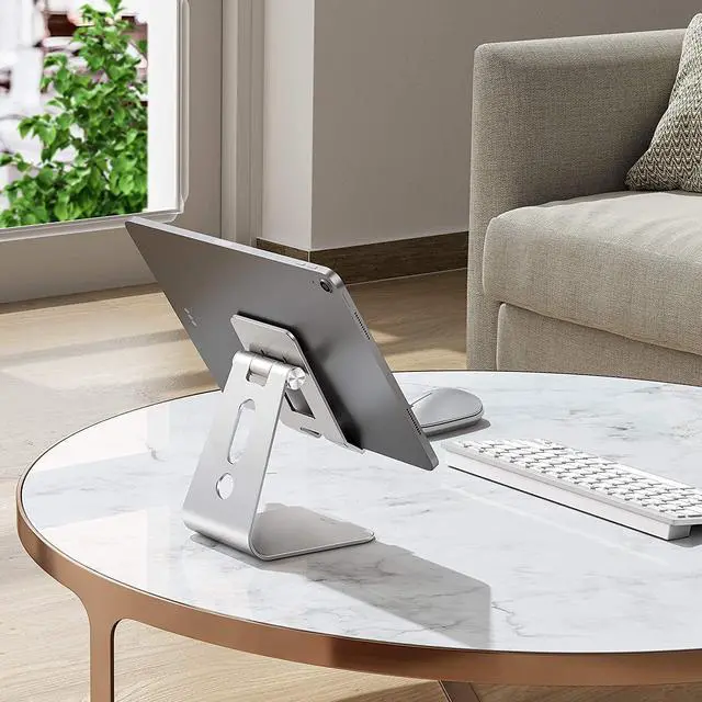 Alt view image 2 of 7 - Adjustable Tablet Stand for Desk Upgraded Longer Arms for Greater Stability T2 Tablet Holder with Hollow Design for Bigger Sized Phones and Tablets Such as iPad Pro/Air/Mini Silver