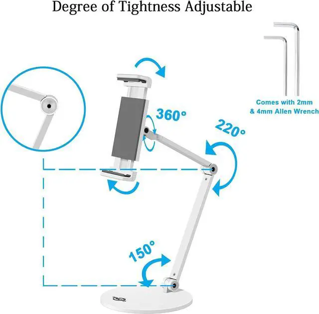 Alt view image 2 of 6 - Tablet Stand Tightness Adjustable 360°Rotatable Multi-Angle Eye-Level Aluminum Solid Long Arm Tablets Stands for iPad Pro Air  Surface Pro 3/4/5/6/7/X  Galaxy Tabs Kindle etc
