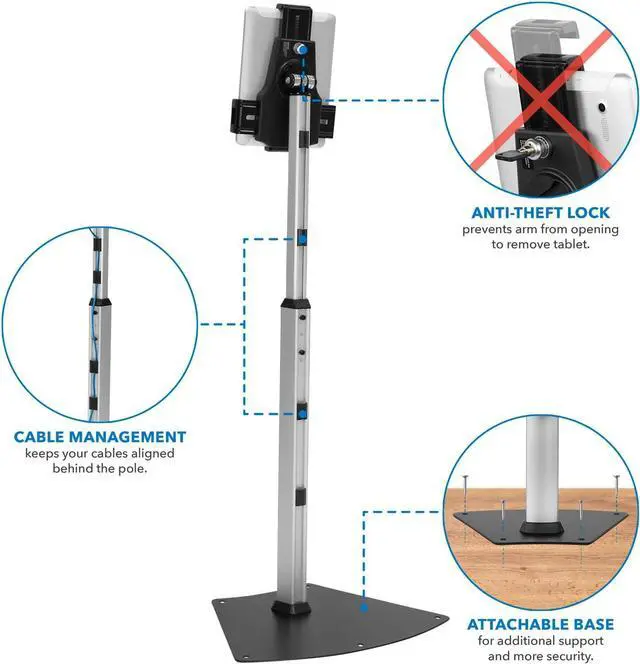 Alt view image 3 of 7 - Mount-It! Anti-Theft Universal Tablet Floor Stand Kiosk  Height Adjustable Kiosk Floor Stand - Locking Tablet Mount Stand for iPad, Galaxy, Surface Go & Other 7.9"- 10.9" Tablets