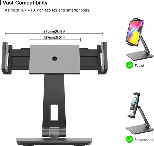 Alt view image 5 of 7 - Tablet Stand Adjustable Heavy Duty Aluminum Phone Stand 360° Swivel Foldable Holder for iPad  Tab Kindle (4.7-13) Design for Desk Kitchen Bedside Office (Gray)