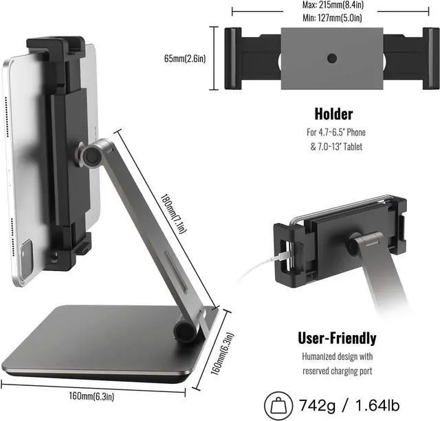 Alt view image 6 of 7 - Tablet Stand Adjustable Heavy Duty Aluminum Phone Stand 360° Swivel Foldable Holder for iPad  Tab Kindle (4.7-13) Design for Desk Kitchen Bedside Office (Gray)