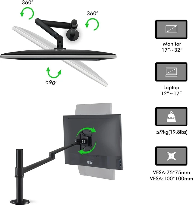 Alt view image 4 of 7 - Viozon Laptop/Notebook/Projector Mount Stand, Height Adjustable Single Arm Mount Support 12-17 inch Laptop/Notebook/Tablet, Free Removable VESA 75X75 and 100X100 for Monitor 17-32 inch.