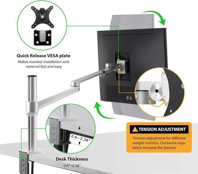 Alt view image 6 of 7 - Viozon Laptop/Notebook/Projector Mount Stand,Height Adjustable Single Arm Mount Support 12-17 inch Laptop/Notebook/Tablet, Free Removable VESA 75X75 and 100X100 for Monitor 17-32 inch (Silver)