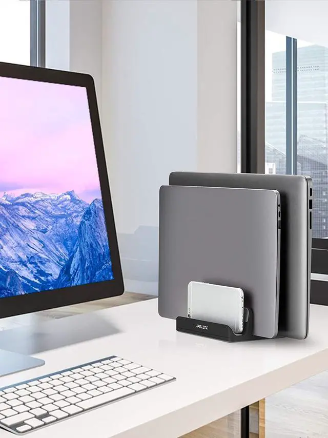 Alt view image 7 of 7 - Adjustable Vertical Laptop Stand Desktop Stand Adjustable Laptop Holder with 2 Slots (up to 17.3 inches) Compatible with All MacBook Pro/Air/Microsoft Surface Newly Designed (Black)