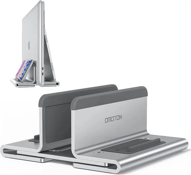Main image of OMOTON Upgraded Laptop Vertical Stand, 3-in-1 Laptop Holder Dock with Sturdy Silicone Pads for Ultra Protection, Suitable for iPhone/iPad/MacBook Pro/Surface/Samsung/Android Tablets, Silver