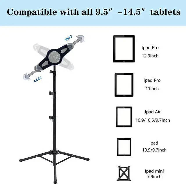 Alt view image 3 of 7 - Ipad Tripod Stand Height Adjustable Ipad Stand Floor & Ipad Stand Holder with 360° Rotating Tablet Holder Mount for Ipad Pro 12.9 Ipad Air 10.5 and More 10 to 14 Tablets