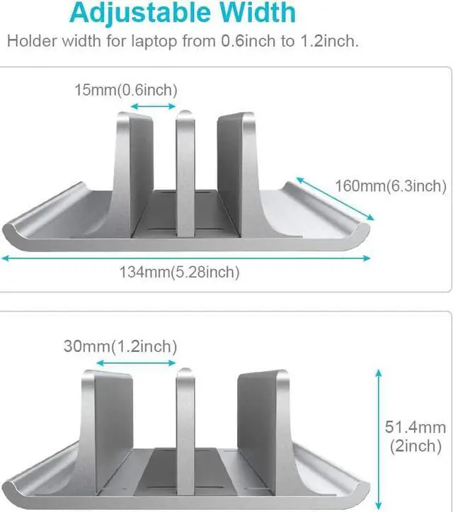 Alt view image 3 of 7 - VAYDEER Double-Slot Adjustable Vertical Laptop Stand Newly Designed 2 Slot Aluminum Desktop Holder for All MacBook/Chromebook/Surface/Dell/iPad Up to 17.3 Inches - Silver