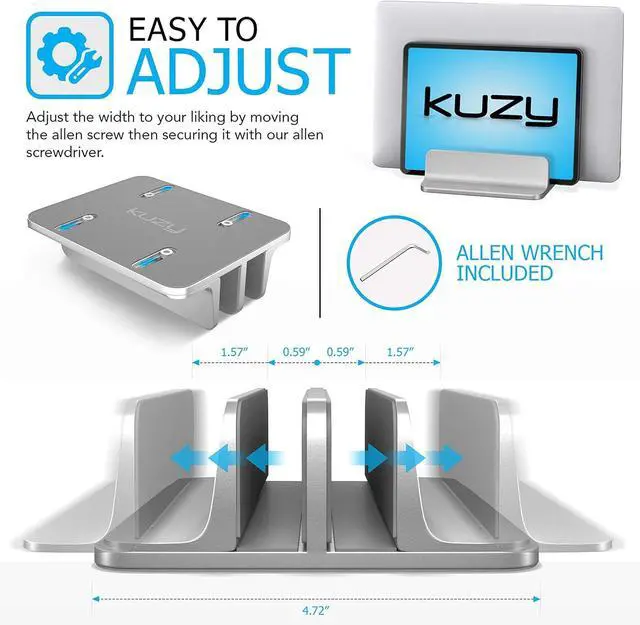 Alt view image 4 of 6 - Kuzy Aluminum Laptop Stand, Dual-Slot Vertical Holder for MacBook, Gaming Laptops & Tablets, Adjustable & Secure, Silver, Laptop Stand Vertical