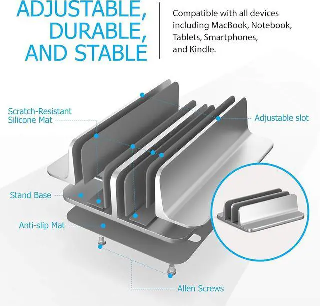 Alt view image 3 of 6 - Kuzy Aluminum Laptop Stand, Dual-Slot Vertical Holder for MacBook, Gaming Laptops & Tablets, Adjustable & Secure, Silver, Laptop Stand Vertical