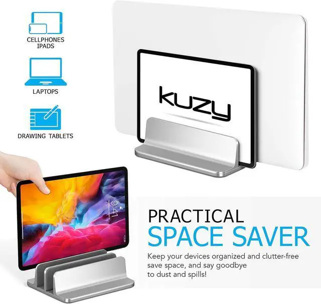 Alt view image 2 of 6 - Kuzy Aluminum Laptop Stand, Dual-Slot Vertical Holder for MacBook, Gaming Laptops & Tablets, Adjustable & Secure, Silver, Laptop Stand Vertical