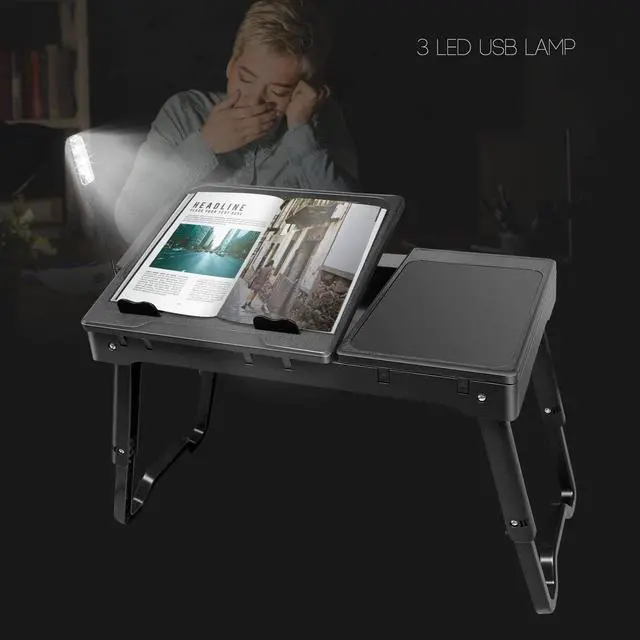Alt view image 7 of 7 - Laptop Stand for Bed-Multi-Functional Laptop Bed Table Tray w/Internal Cooling Fan & 2 Independent Laptop Stands-Foldable & 3 Different Height Laptop Desk-LED Lamp-4 Port USB for Home/Office