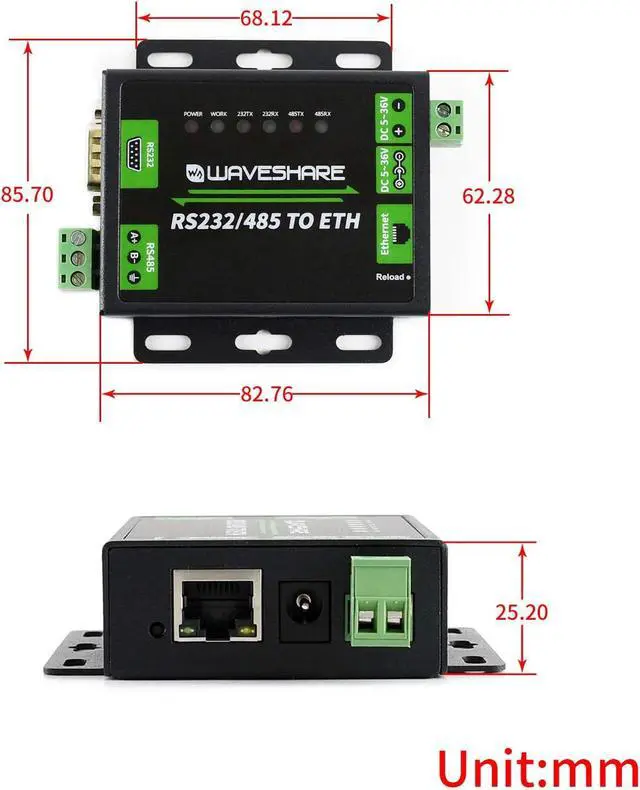 Alt view image 7 of 7 - Waveshare Industrial RS232/RS485 to Ethernet Converter with Dual Serial Ports High-Speed Low-Power High-Stability Upgradable Easy to Communicate Between RS485 and RJ45 Port Ethernet