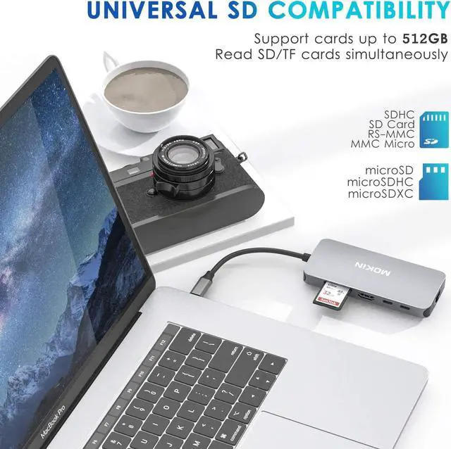 Alt view image 7 of 7 - USB C Adapters for MacBook Pro/Air,Mac Dongle with 3 USB Port,USB C to HDMI, USB C to RJ45 Ethernet,MOKiN 9 in 1 100W Pd Charging, USB C to SD/TF Card Reader USB C Hub