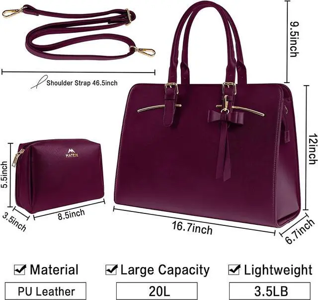 Alt view image 3 of 7 - Laptop Bag for Women, Large Laptop briefcase for 15.6 Inch Computer Waterproof PU Leather Shoulder Bag with USB Charging Port, Fashion Business Office Work Tote Bag Handbag Purse 2pcs Set, Dark Purple