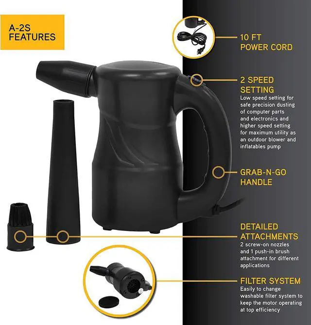 Alt view image 3 of 5 - XPOWER A-2S Cyber Duster Electric Air Duster for Dusting, Drying, Inflating, Blowing, Car Detailing, Computer, Leaf Blowing, 90 CFM, 2 Nozzles + 1 Brush, High Performance Motor, Eco-Friendly, Black
