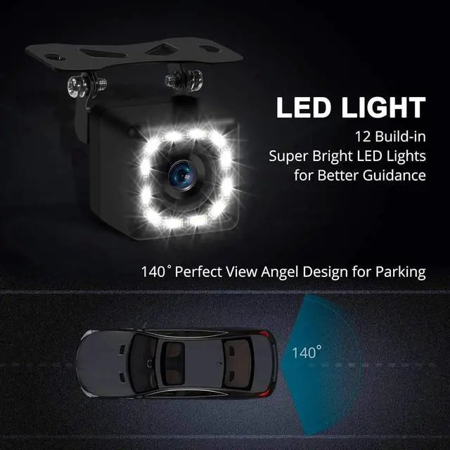 Alt view image 3 of 7 - Car Backup Camera, Rear View Camera Ultra HD 12 LED Night Vision,Waterproof Reverse Camera 140° Wide View Angel with Multiple Mount Brackets for Universal Cars,SUV,Trucks,RV and More