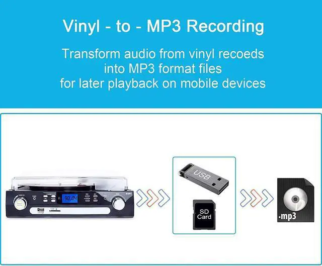 Alt view image 4 of 7 - Bluetooth Record Player with Stereo Speakers, Turntable for Vinyl to MP3 with Cassette Play, AM/FM Radio, Remote Control, USB/SD Encoding, 3.5mm Music Output Jack(Black)