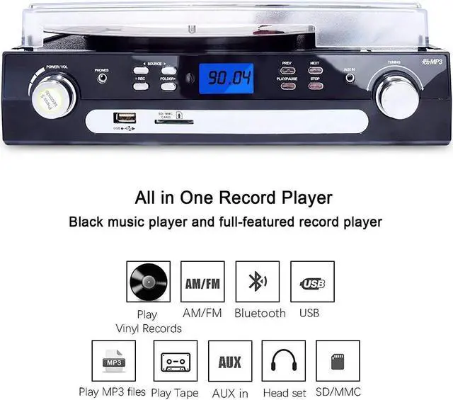 Alt view image 2 of 7 - Bluetooth Record Player with Stereo Speakers, Turntable for Vinyl to MP3 with Cassette Play, AM/FM Radio, Remote Control, USB/SD Encoding, 3.5mm Music Output Jack(Black)