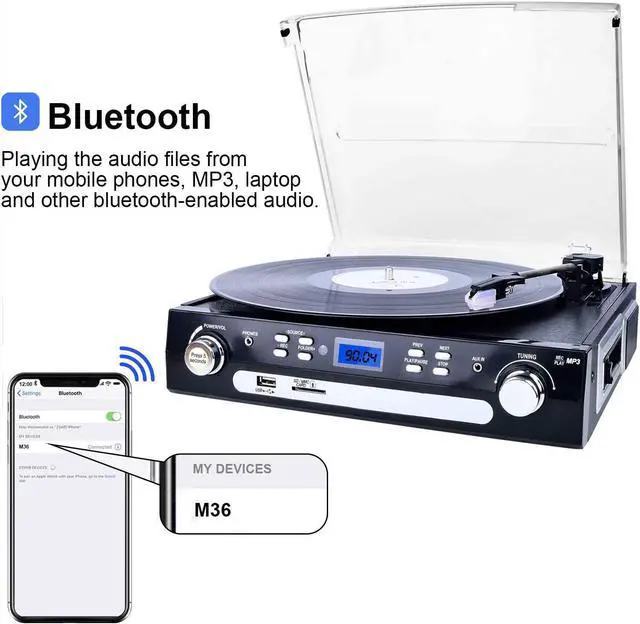 Alt view image 3 of 7 - Bluetooth Record Player with Stereo Speakers, Turntable for Vinyl to MP3 with Cassette Play, AM/FM Radio, Remote Control, USB/SD Encoding, 3.5mm Music Output Jack(Black)